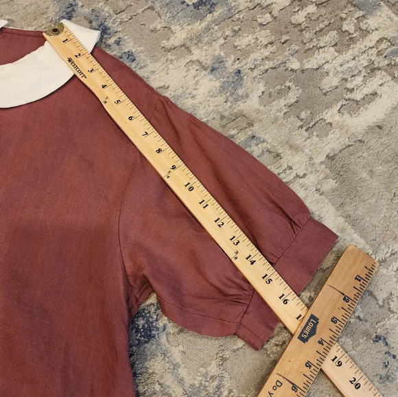Eva Linen Peterpan Collar Puff Sleeve Button Front Mauve Mini Dress. Free Size - Picture 12 of 16